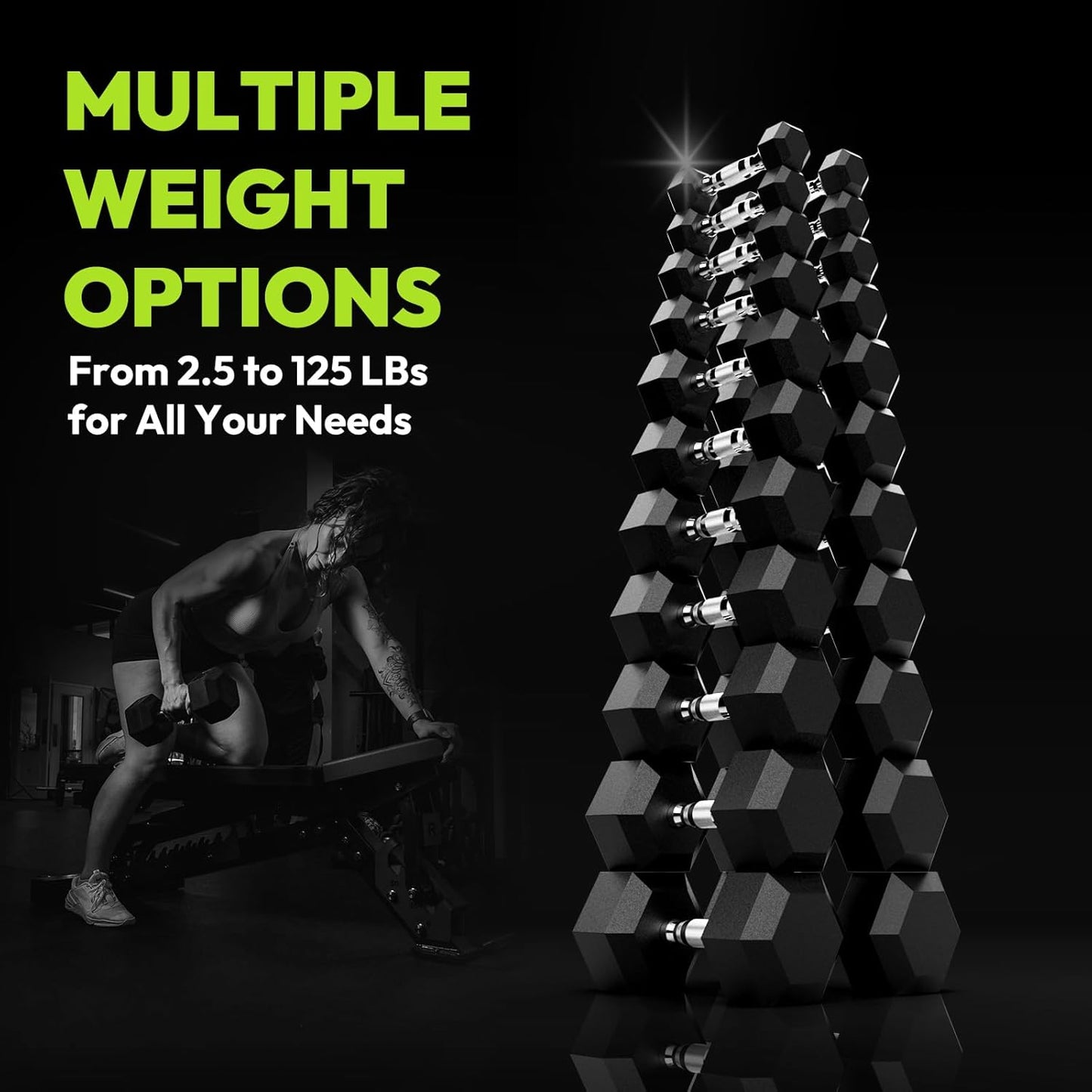 Rubber Coated Hex Dumbbell Set with A-Frame Rack, 100 Lb - 600 Lb Multiple Options Weight, Hexagon Non-Rolling Shape, Ergonomic Knurled Handle, Home Gym Equipment for Strength Training