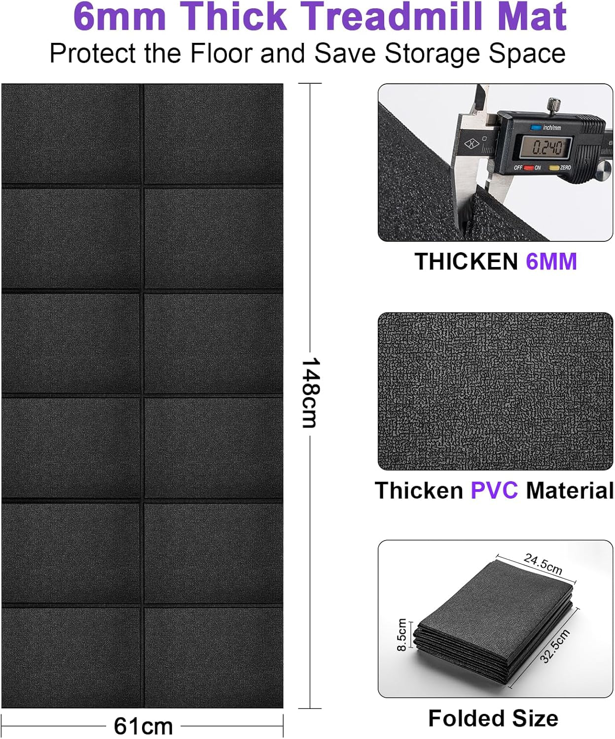 Treadmill Mat,120X60/148×61/190X85Cm,Non-Slip Exercise Bike Mat,Walking Pad Mat for Stationary Bike, Treadmill, Fitness Equipment,Elliptical - Roll/Foldable