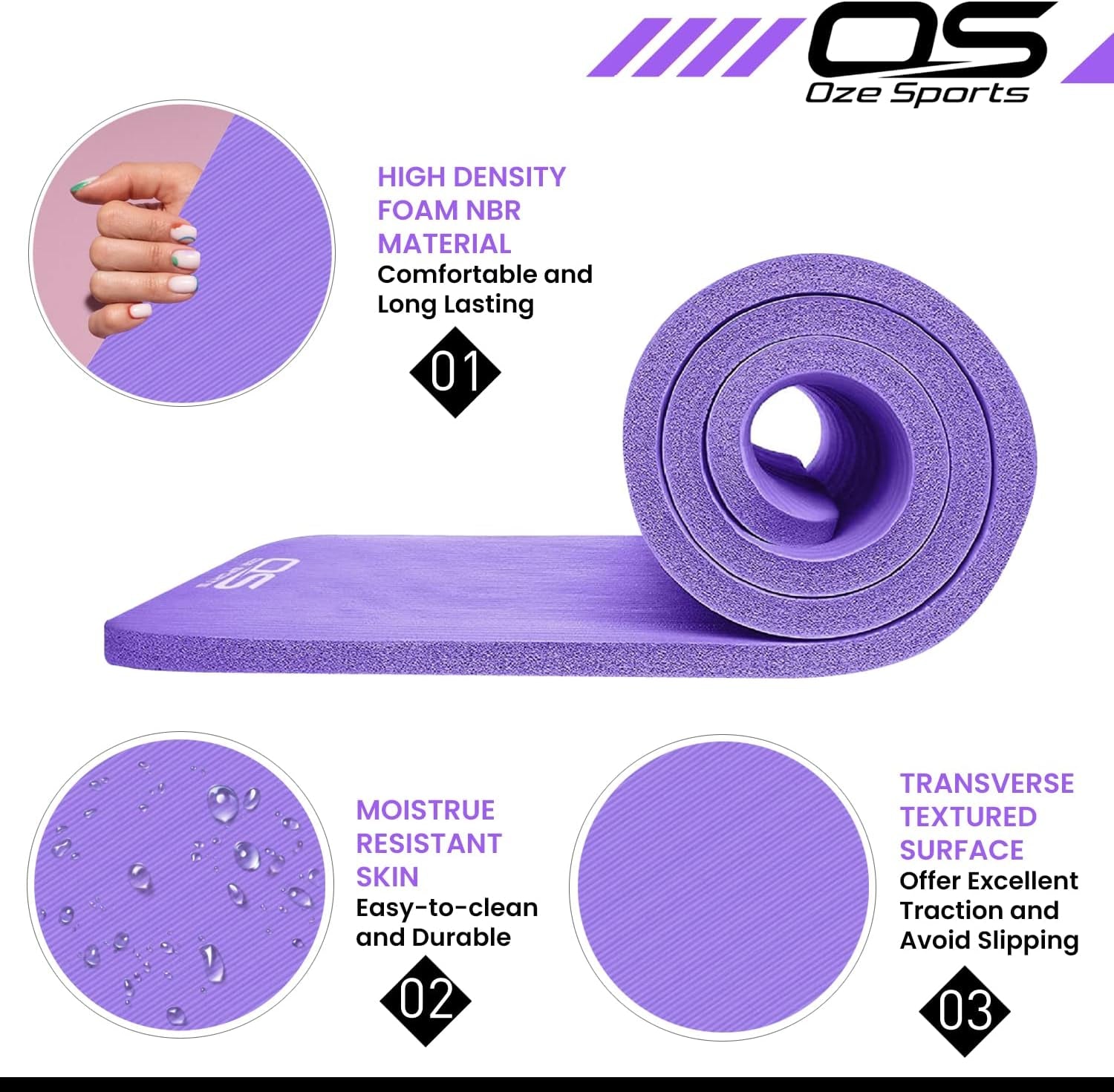 Yoga Mat, NBR Foam, Extra Thick, Non-Slip, High Density, Large, for Pilates, Gymnastics, Hiit and Fitness, with Free Carry Strap