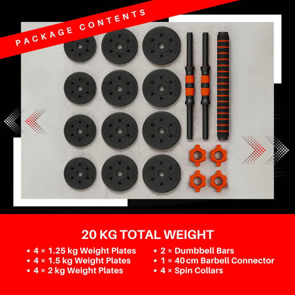 20KG Adjustable Dumbbell & Barbell Weight Set with Foam-Padded Connector. Free Weights for Home Gym, Strength Training, Non-Slip TPR Grips, PE Shell Plates, Compact Storage