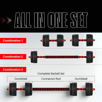 20KG Adjustable Dumbbell & Barbell Weight Set with Foam-Padded Connector. Free Weights for Home Gym, Strength Training, Non-Slip TPR Grips, PE Shell Plates, Compact Storage