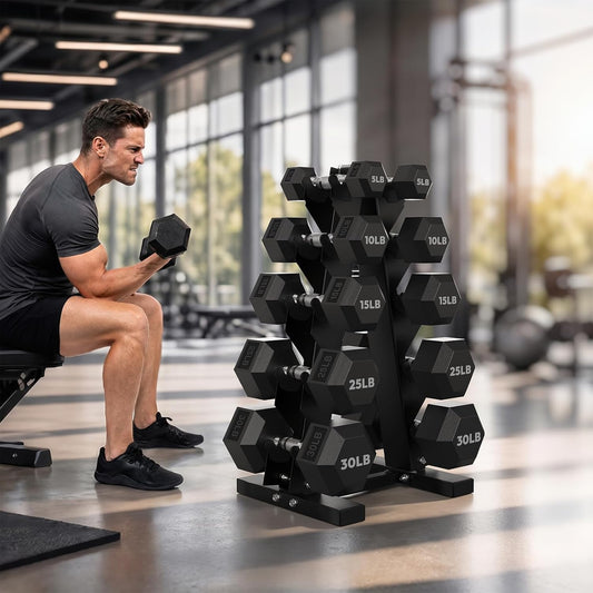 Rubber Coated Hex Dumbbell Set with A-Frame Rack, 100 Lb - 600 Lb Multiple Options Weight, Hexagon Non-Rolling Shape, Ergonomic Knurled Handle, Home Gym Equipment for Strength Training
