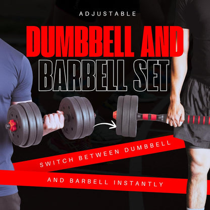 20KG Adjustable Dumbbell & Barbell Weight Set with Foam-Padded Connector. Free Weights for Home Gym, Strength Training, Non-Slip TPR Grips, PE Shell Plates, Compact Storage