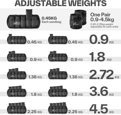 Ankle Weights Adjustable Ankle Weights Set Wrist Strap 0.45Kg - 2.25Kg Each Ankle, 0.9Kg - 4.5Kg a Pair
