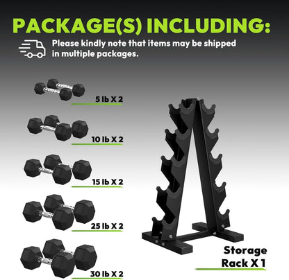Rubber Coated Hex Dumbbell Set with A-Frame Rack, 100 Lb - 600 Lb Multiple Options Weight, Hexagon Non-Rolling Shape, Ergonomic Knurled Handle, Home Gym Equipment for Strength Training