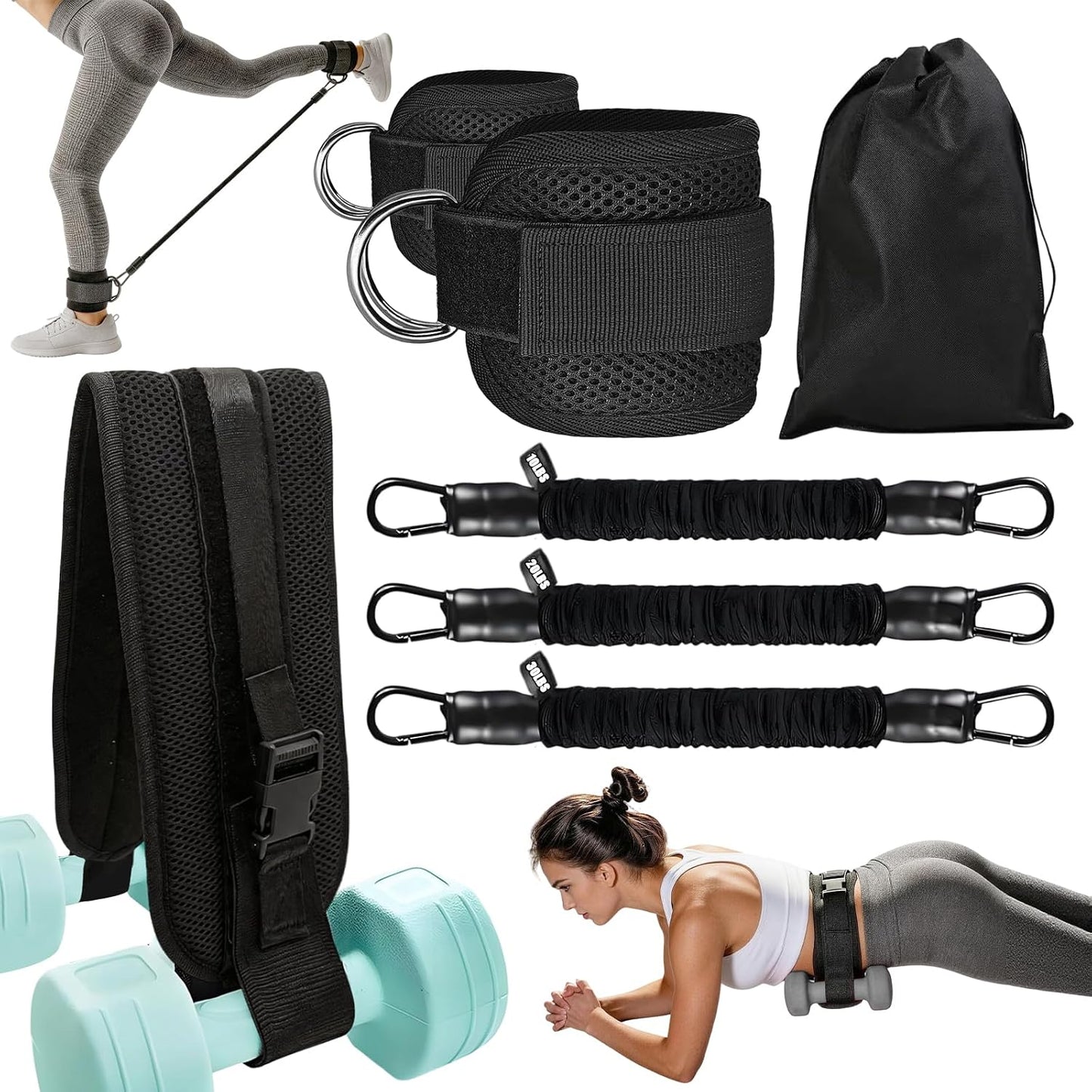 Adjustable Exercise Hip Thrust Belt, Resistance Bands Set with Ankle Straps for Working Out Hip Thrust Belt for Dumbbells Heavy, Kettlebells, Leg and Booty Builder Gym Equipment Accessories Women
