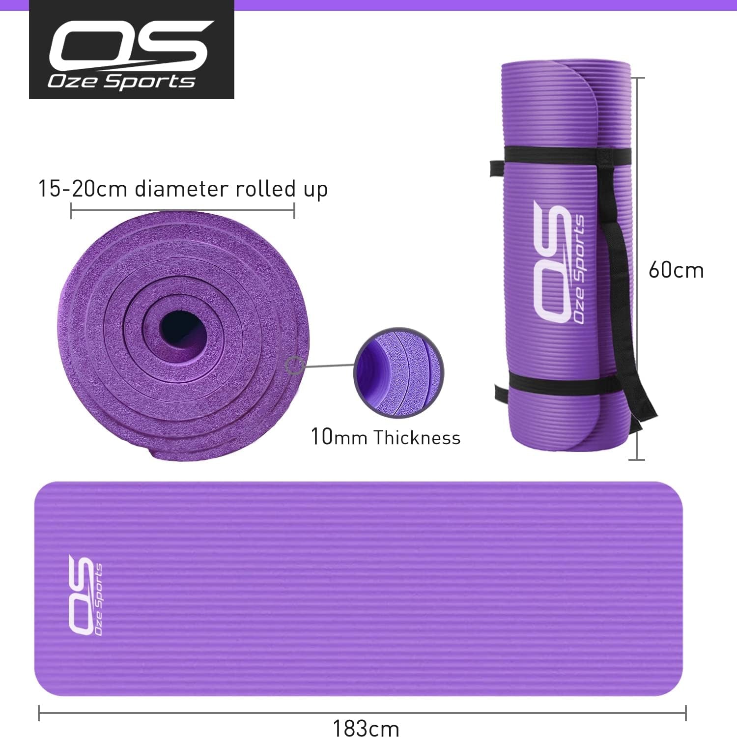 Yoga Mat, NBR Foam, Extra Thick, Non-Slip, High Density, Large, for Pilates, Gymnastics, Hiit and Fitness, with Free Carry Strap
