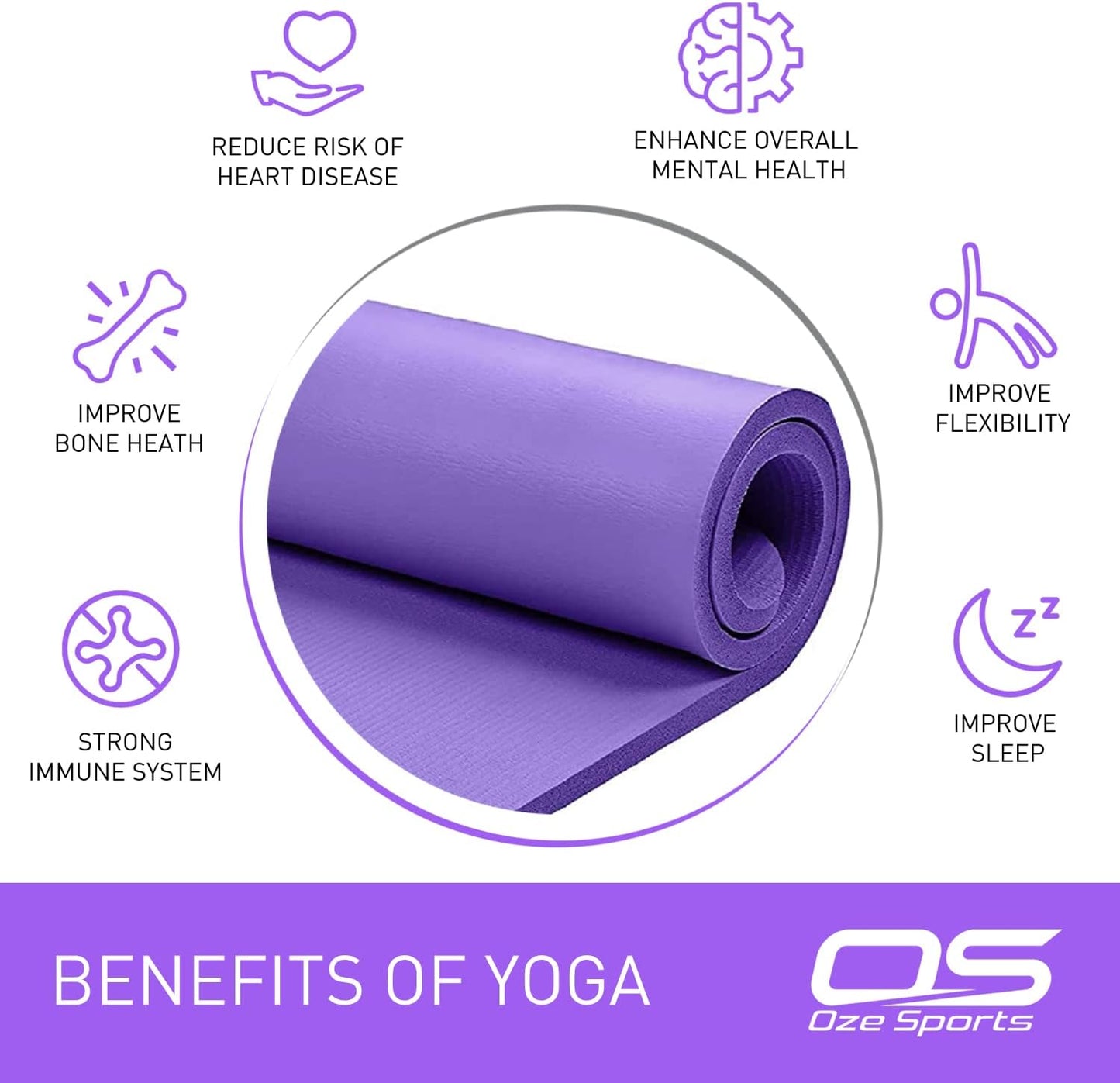 Yoga Mat, NBR Foam, Extra Thick, Non-Slip, High Density, Large, for Pilates, Gymnastics, Hiit and Fitness, with Free Carry Strap