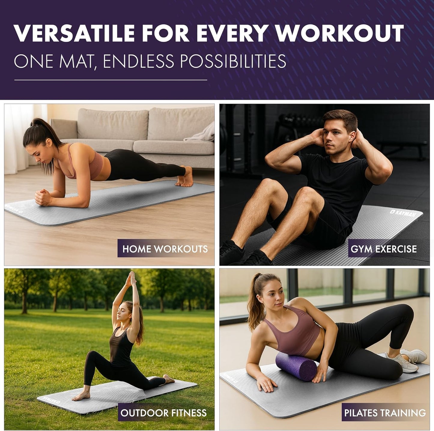 Yoga Mat – Multi-Purpose Extra Thick Foam Exercise Mats – Ideal Floor Mat for Pilates, Stretching, Resistance Workout & Therapy – Home & Gym Equipment Accessory